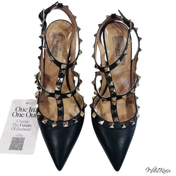 VALENTINO GARAVANI Black Leather Strappy Rockstud Ankle Strap Heels SZ 37 - Picture 7 of 17
